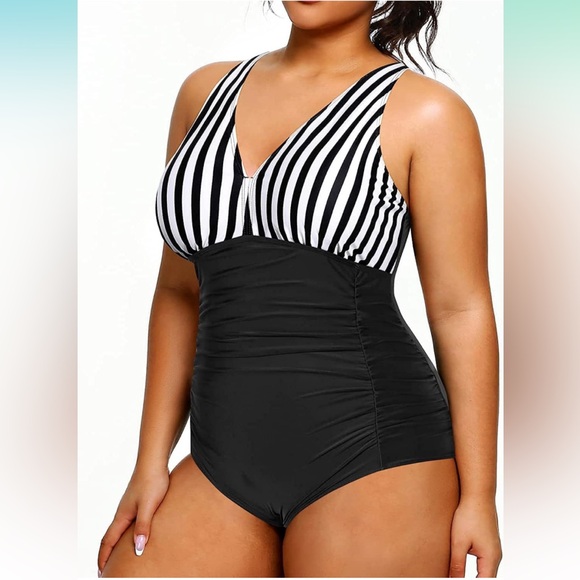 Aqua Eve Women Plus Size One Piece Swimsuits V Neck Tummy Control Bathing Suit - Picture 5 of 9